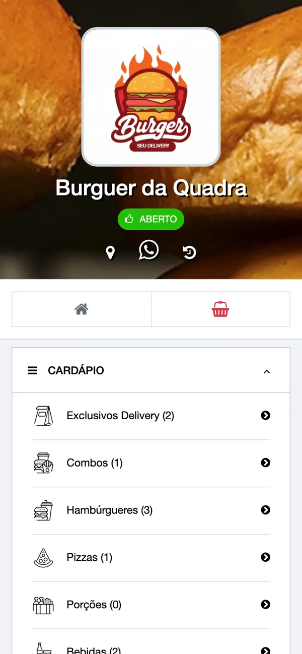 Cardápio digital aberto no celular, com categorias e botão de incluir no pedido